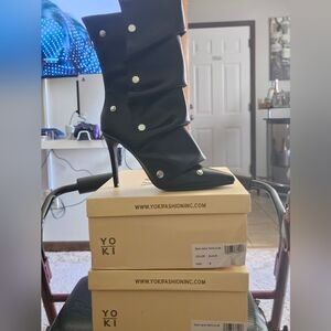 Yoki Black Pointed Stiletto Ankle Boots with Stud Accents